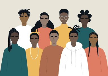 Siyahi insanlar, Afrikalılar, bir araya geldiler, bir grup kadın ve erkek karakter gündelik kıyafetler giydiler ve farklı saç stilleri.