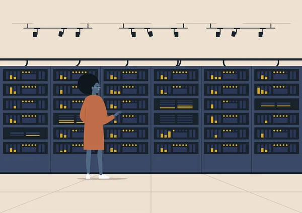 Datacenter Serverruimte Jong Zwart Vrouwelijk Personage Naast Een Hard Drive — Stockvector