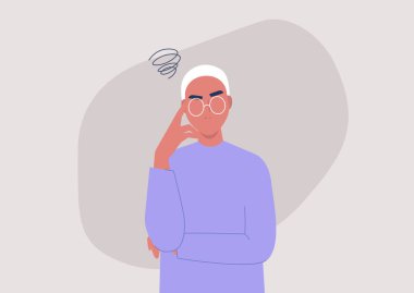 Sinirli genç erkek karakter, kuşkucu yüz ifadesi