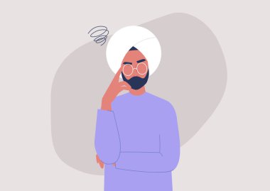 Genç rahatsız Hintli erkek karakter, şüpheci yüz ifadesi