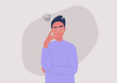 Sinirli genç erkek karakter, kuşkucu yüz ifadesi