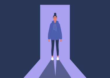 Genç bir kadın karakter kapının önünde duruyor, ışık ve gölge kontrastı, muhteşem bir görünüm.