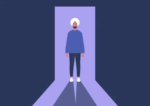 Jeune Personnage Masculin Indien Debout Dans Une Porte Contraste Lumière — Image vectorielle
