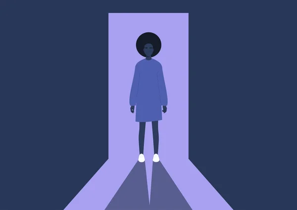 Young Black Female Character Standing Doorway Light Shadow Contrast Spectacular — Stock Vector