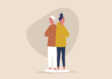 Sırt sırta duran hoşnutsuz genç karakterler kolları çapraz, kavga, yanlış anlaşılma, duygusal sorunlar