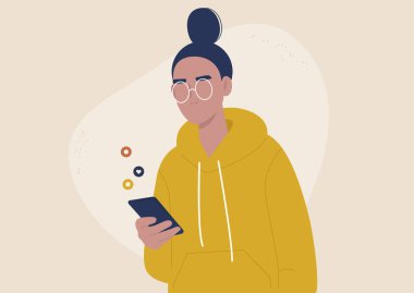 Mobil teknolojiler, genç kadın karakter akıllı telefonları ile sosyal medya haber kaynakları, Z jenerasyonu yaşam tarzı