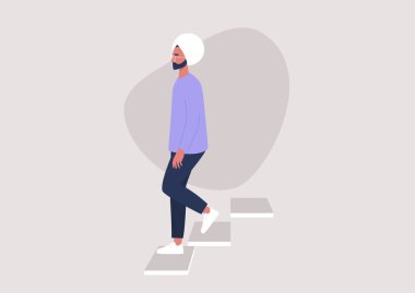 Genç Hintli erkek karakter merdivenlerden iniyor, bina girişi, günlük rutin