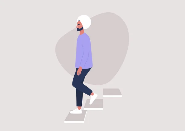 Молодой Индийский Мужчина Спускается Лестнице Вход Здание Ежедневная Рутина — стоковый вектор