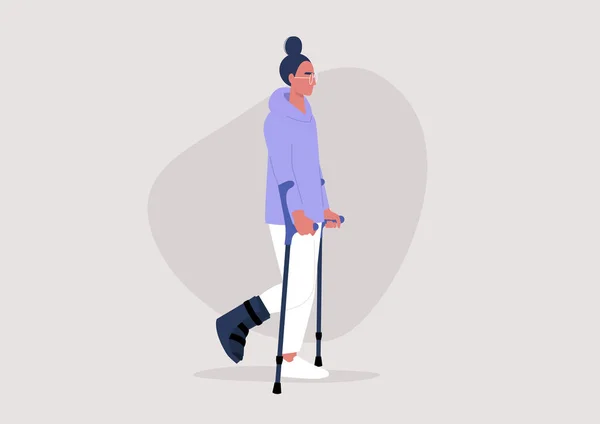 松葉杖を使って足を骨折した若い女性のキャラクター 健康管理 — ストックベクタ