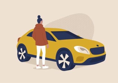 Bir SUV 'nin yanında duran genç kadın karakter, ulaşım, araba paylaşımı.