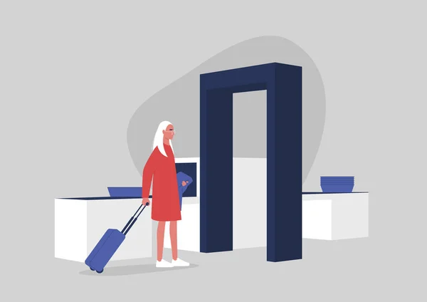 Junge Weibliche Figur Bei Der Sicherheitskontrolle Flughafen Reisekonzept Millennial Lifestyle — Stockvektor