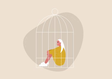 Aile içi şiddet, karantina depresyon ve umutsuzluk, kuş kafesinde oturan genç kadın karakter, cinsiyet ayrımcılığı.