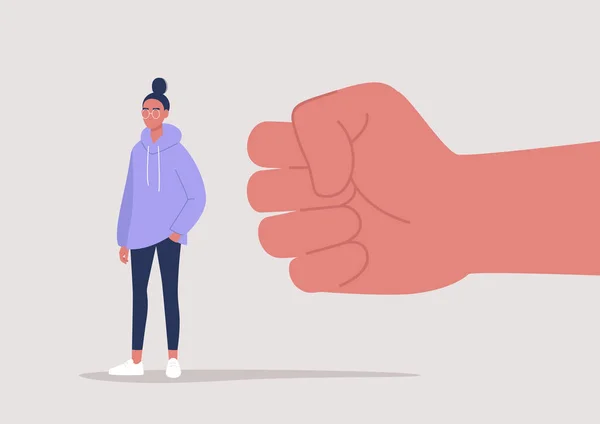 Problemas Sociedad Moderna Puño Gigante Cerrado Que Ataca Personaje Femenino — Vector de stock