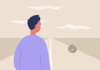 Vahşi batı manzarası, bir erkek karakterin dikiz görüntüsü bir çalı yumağına bakıyor, kuru iklim, boşluk.
