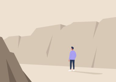 Vahşi doğada yürüyüş yapan genç erkek karakter, kanyon manzarası, seyahat sahnesi, ulusal park