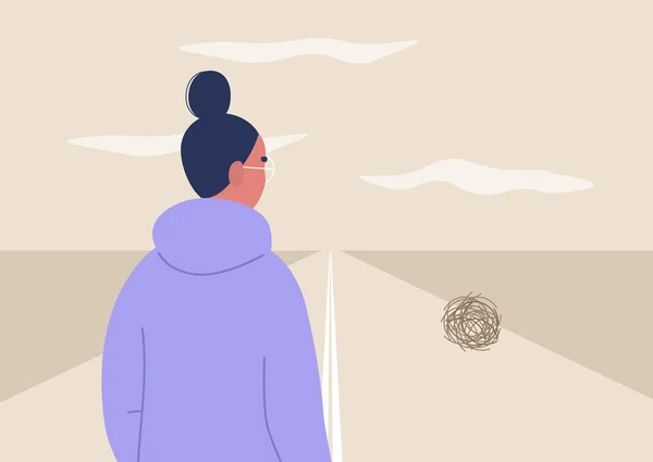 狂野的西部风景 一个女性角色的后视镜 看着一个翻滚的杂草球 干燥的气候 — 图库矢量图片