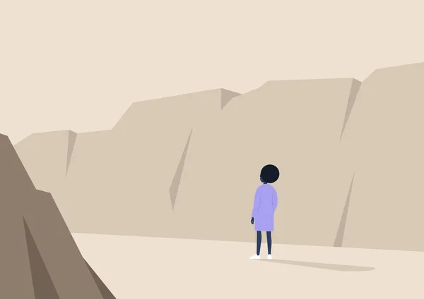 Joven Personaje Femenino Negro Senderismo Naturaleza Salvaje Paisaje Del Cañón — Vector de stock