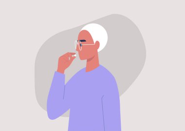 Genç erkek karakter hap, vitamin veya ağrı kesici, reçeteli ilaç, ilaç alıyor.