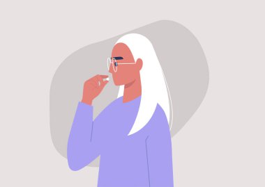 Genç kadın karakter hap, vitamin ya da ağrı kesici, reçeteli ilaç, ilaç alıyor.