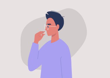 Genç erkek karakter hap, vitamin veya ağrı kesici, reçeteli ilaç, ilaç alıyor.