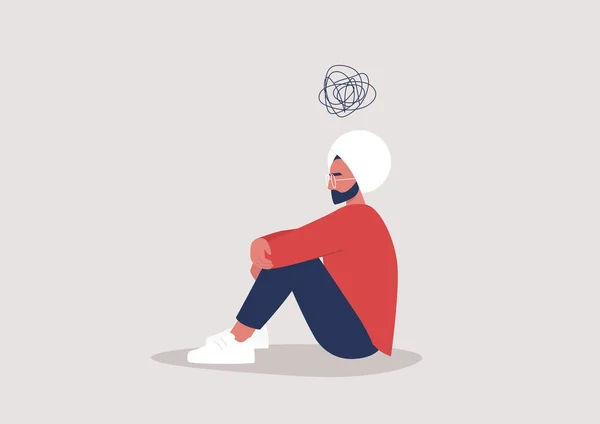 若い落ち込んでいるインドの男性のキャラクターが床に座って膝を保持し 頭の上に漫画のスクリブル 精神衛生問題 — ストックベクタ