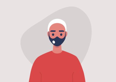 Koruyucu yüz maskesi takan genç bir erkek karakterin portresi. Filtresi, ikinci bir Corona virüsü dalgası, covid-19.