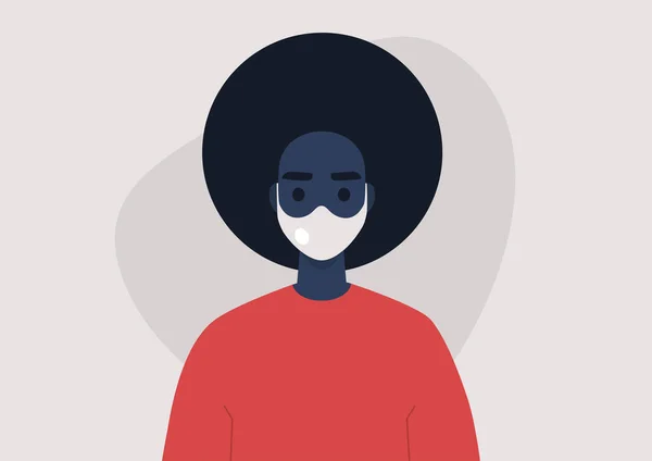 Porträt Einer Jungen Schwarzen Weiblichen Figur Die Eine Schützende Gesichtsmaske — Stockvektor