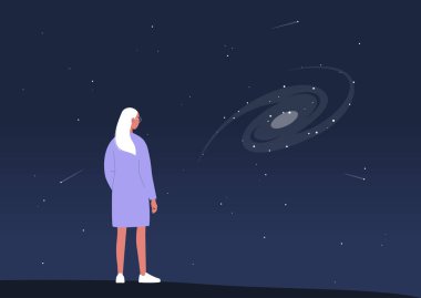 Kozmik manzara, astronomi bilimi, karanlık gökyüzünde sarmal bir galaksiyi gözlemleyen genç bir kadın karakter.