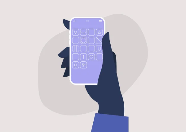 Egy Okostelefont Tartó Kéz Egy Mobil Interfész Alkalmazás Ikonokkal Technológiákkal — Stock Vector