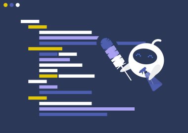 Bir web geliştirme optimizasyon süreci, kod satırlarını temizleyen sevimli akıllı robot, programlama düzenleyici araçları