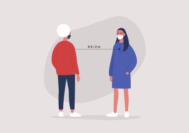 Sosyal uzaklık konsepti, koronavirüs salgını, yüz maskesi takan iki karakter ve birbirleri arasında 2-6 metre mesafe tutmak, bakterilerin yayılma önleme