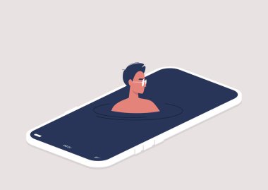 Sosyal medyaya bağımlı genç erkek karakter akıllı telefon ekranlarında yüzüyor, sanal tatil, dijital kaçış konsepti