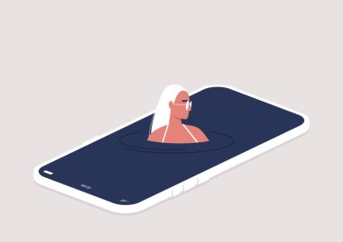Sosyal medyaya bağımlı genç kadın karakter akıllı telefon ekranlarında yüzüyor, sanal tatil, dijital kaçış konsepti