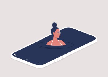 Sosyal medyaya bağımlı genç kadın karakter akıllı telefon ekranlarında yüzüyor, sanal tatil, dijital kaçış konsepti