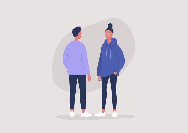 Een Gesprek Tussen Twee Jonge Personages Dagelijkse Routine Een Communicatieconcept — Stockvector