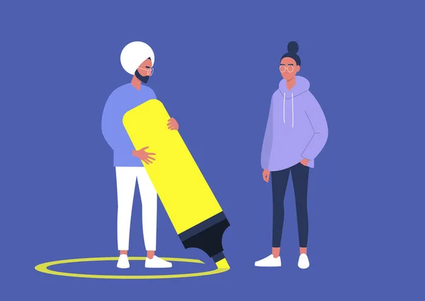 Personaje Dibujando Una Línea Alrededor Mismos Con Iluminador Amarillo Neón — Vector de stock