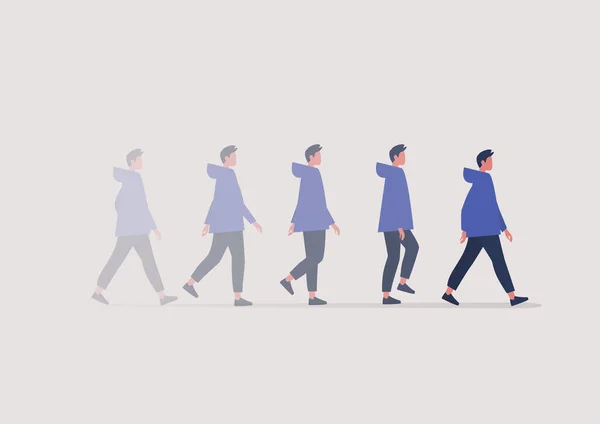 Joven Personaje Masculino Caminando Movimiento Borroso Una Secuencia Animación — Vector de stock