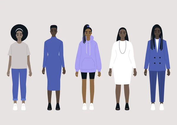 Conjunto Cinco Personajes Femeninos Negros Con Diferentes Trajes Moda Casual — Archivo Imágenes Vectoriales