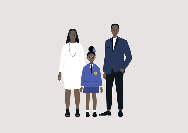 身穿漂亮休闲装的优雅黑人家庭 父母和他们的女儿 — 图库矢量图片