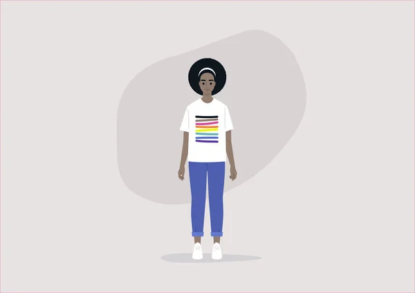 Jovem Personagem Negro Vestindo Uma Camiseta Com Uma Bandeira Lgbtq — Vetor de Stock