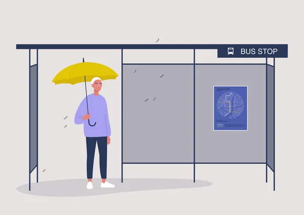 Rainy Autumn Weather Male Character Waiting Bus Yellow Umbrella — Stock Vector