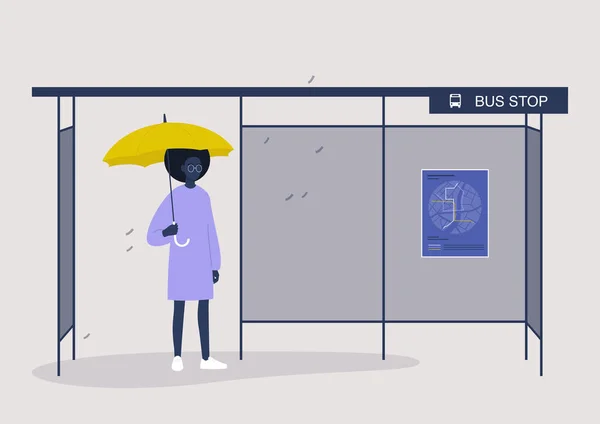Rainy Autumn Weather Black Female Character Waiting Bus Yellow Umbrella — Stock Vector