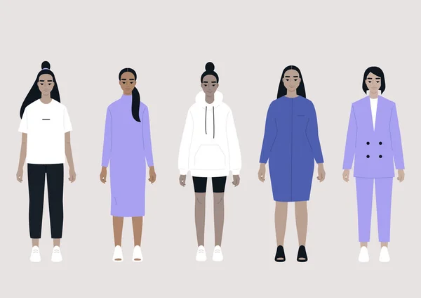 Ένα Σύνολο Ασιατικών Γυναικείων Χαρακτήρων Που Φορούν Διαφορετικά Ρούχα Αθλητισμός — Διανυσματικό Αρχείο