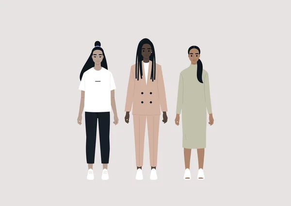 Gente Color Diverso Grupo Personajes Femeninos Con Diferentes Atuendos Casual — Vector de stock