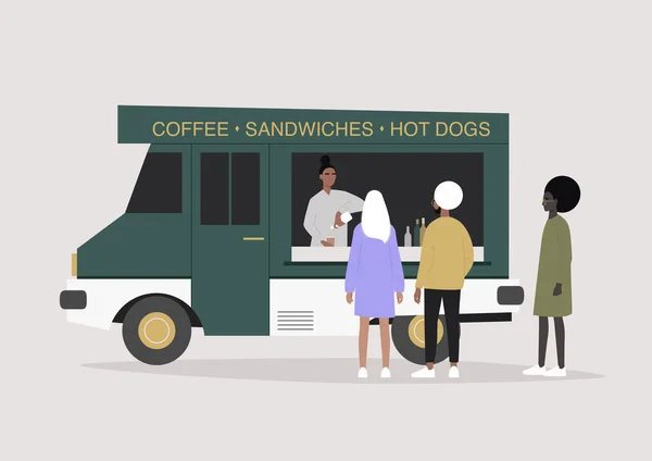Jedzenie Ciężarówka Sprzedaje Kanapki Kawę Zróżnicowana Grupa Ludzi Czeka Kolejce — Wektor stockowy