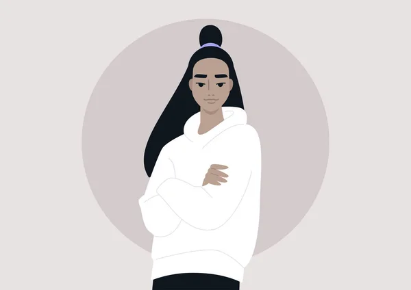 Retrato Joven Personaje Femenino Asiático Con Una Sudadera Con Capucha — Vector de stock