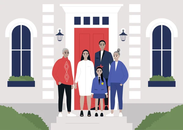 Binanın Önünde Duran Çok Nesilli Beyaz Bir Aile Emlak Mülkü — Stok Vektör