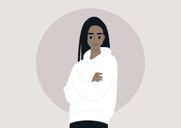 Retrato Uma Jovem Personagem Feminina Negra Vestindo Capuz Branco Moda — Vetor de Stock