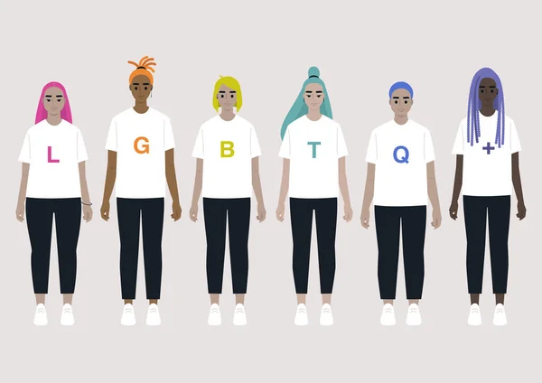 Tişörtlerinde Lgbtq Işareti Olan Renkli Saçlı Bir Grup Genç — Stok Vektör