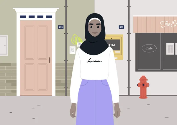 Retrato Una Joven Moderna Con Hiyab Vida Cotidiana Urbana — Vector de stock